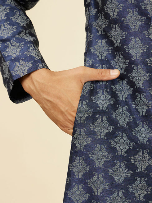 Manyavar Dark Blue Imperial Paisley Patterned Angrakha Style Kurta Set