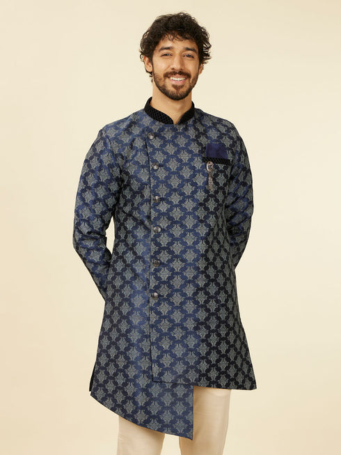 Manyavar Dark Blue Imperial Paisley Patterned Angrakha Style Kurta Set