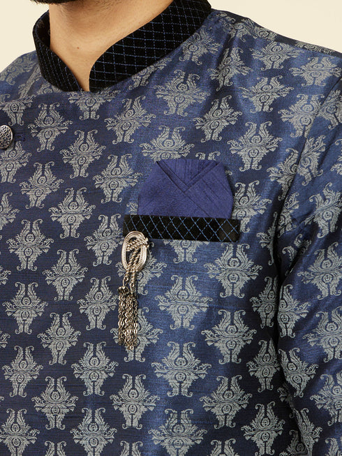 Manyavar Dark Blue Imperial Paisley Patterned Angrakha Style Kurta Set