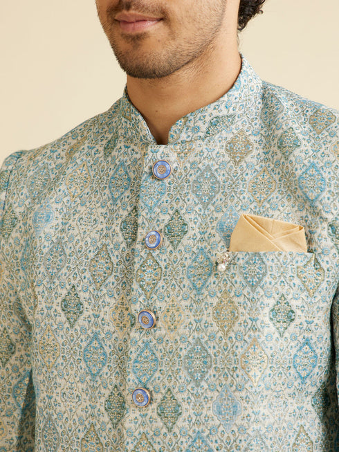 Manyavar Light Blue Conch Shell Patterned Kurta Set