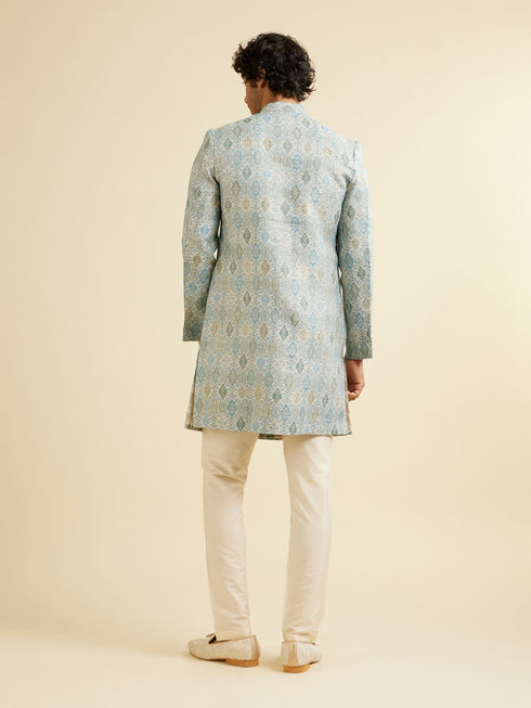 Manyavar Light Blue Conch Shell Patterned Kurta Set