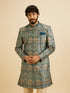 Manyavar Teal Green Tree of Life Printed Kurta Set with Embellished Neckline