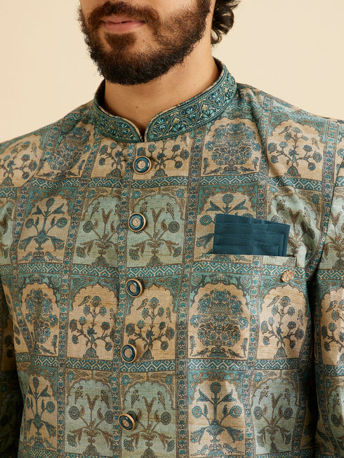 Manyavar Teal Green Tree of Life Printed Kurta Set with Embellished Neckline