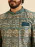 Manyavar Teal Green Tree of Life Printed Kurta Set with Embellished Neckline