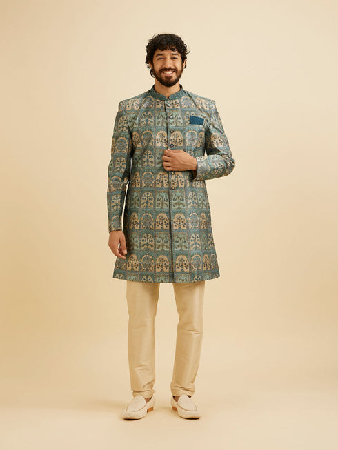 Manyavar Teal Green Tree of Life Printed Kurta Set with Embellished Neckline