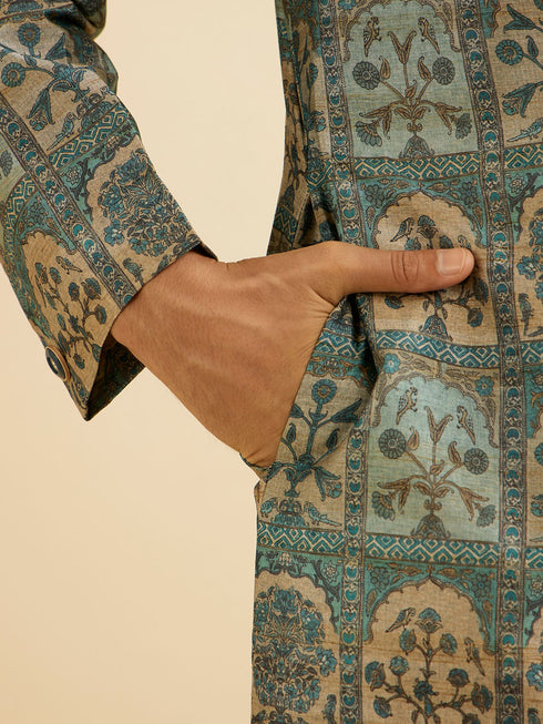 Manyavar Teal Green Tree of Life Printed Kurta Set with Embellished Neckline