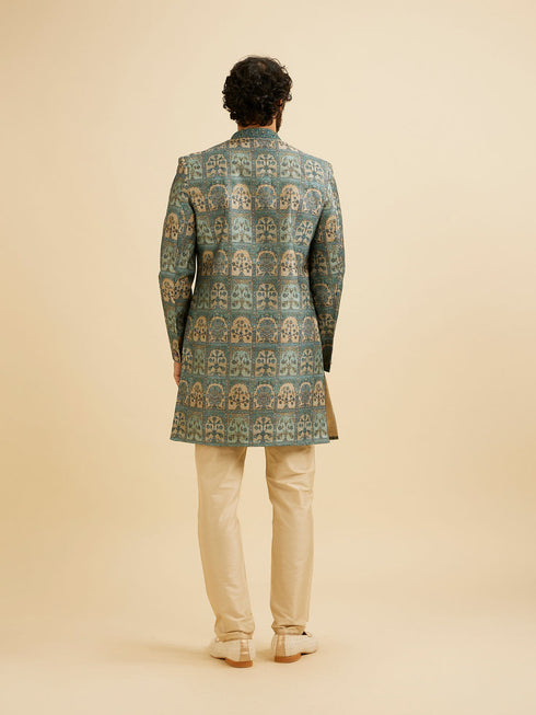 Manyavar Teal Green Tree of Life Printed Kurta Set with Embellished Neckline