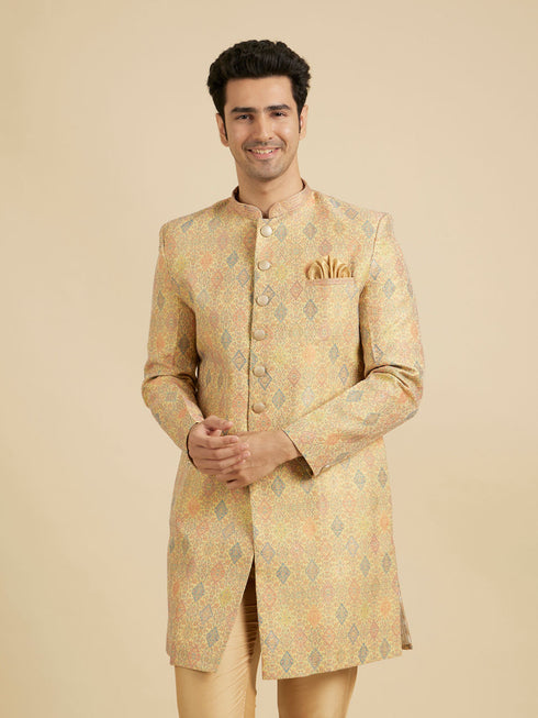 Manyavar Buttercup Yellow Conch Shell Patterned Kurta Set