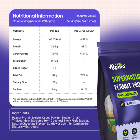 Alpino Supernatural Peanut Protein Powder Isolate Dark Chocolate - Protein