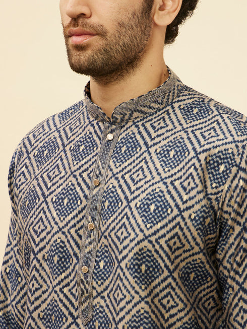Manyavar Navy Blue Grid Printed Kurta Set