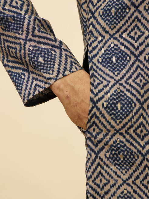 Manyavar Navy Blue Grid Printed Kurta Set