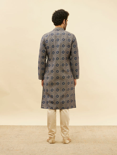 Manyavar Navy Blue Grid Printed Kurta Set