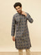 Manyavar Navy Blue Grid Printed Kurta Set