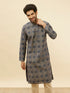 Manyavar Navy Blue Grid Printed Kurta Set