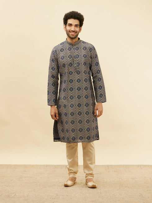 Manyavar Navy Blue Grid Printed Kurta Set