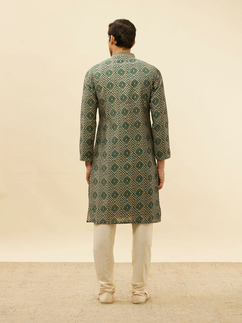 Manyavar Forest Green Grid Printed Kurta Set