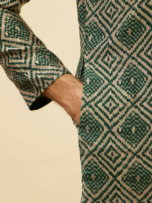 Manyavar Forest Green Grid Printed Kurta Set