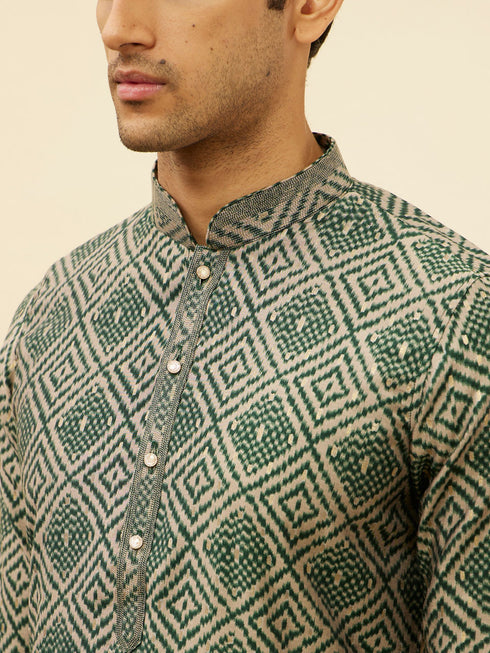 Manyavar Forest Green Grid Printed Kurta Set