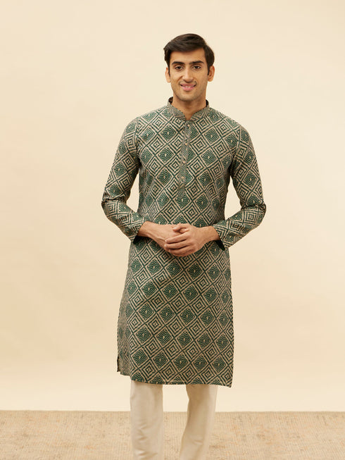 Manyavar Forest Green Grid Printed Kurta Set