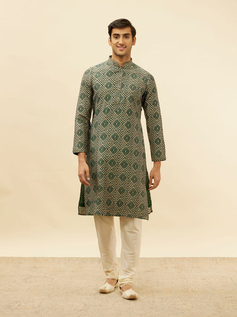 Manyavar Forest Green Grid Printed Kurta Set