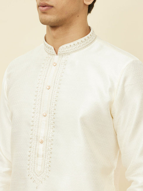 Manyavar Soft Cream Bandhgala Neckline Kurta Set