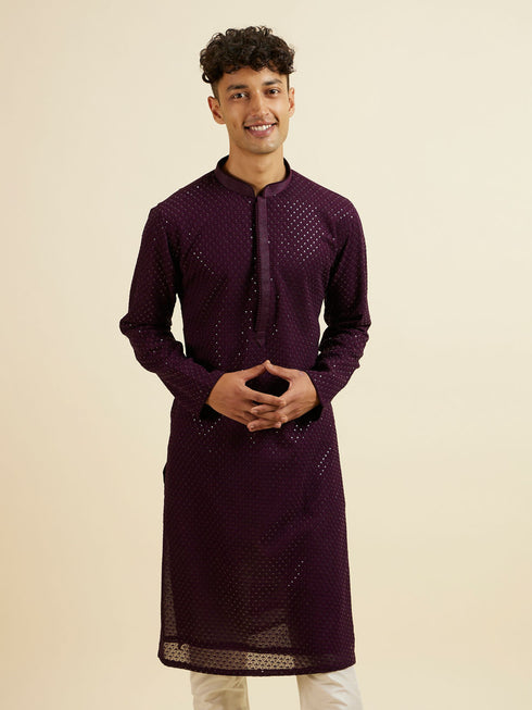 Manyavar Purple Self Patterned Mirror Work Kurta Set