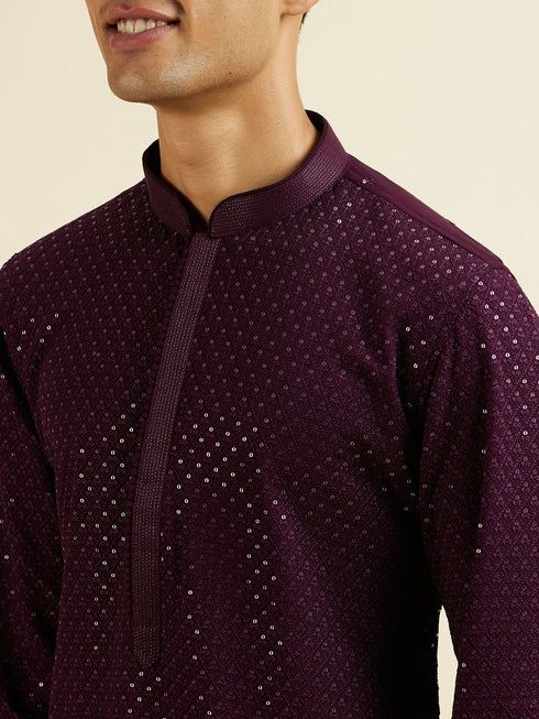 Manyavar Purple Self Patterned Mirror Work Kurta Set