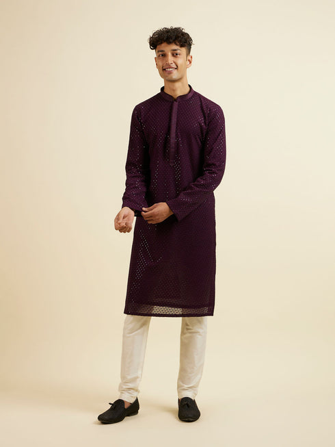 Manyavar Purple Self Patterned Mirror Work Kurta Set