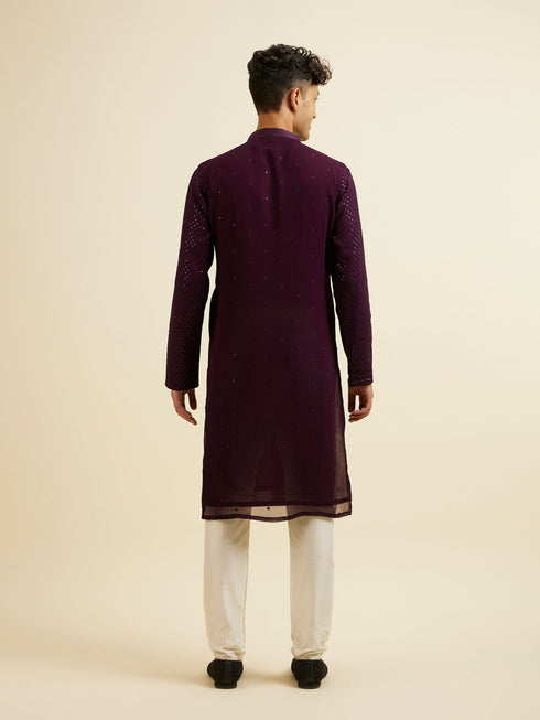 Manyavar Purple Self Patterned Mirror Work Kurta Set