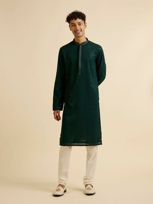 Manyavar Dark Green Self Patterned Mirror Work Kurta Set