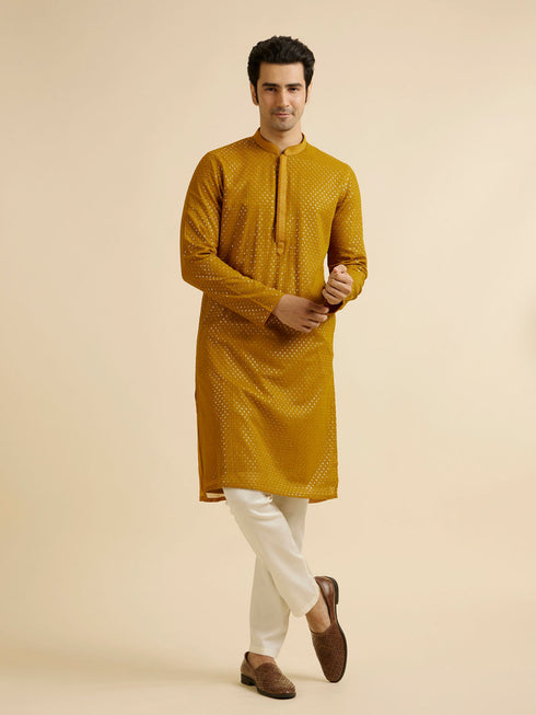 Manyavar Mustard Self Patterned Mirror Work Kurta Set