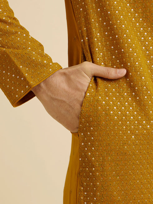 Manyavar Mustard Self Patterned Mirror Work Kurta Set