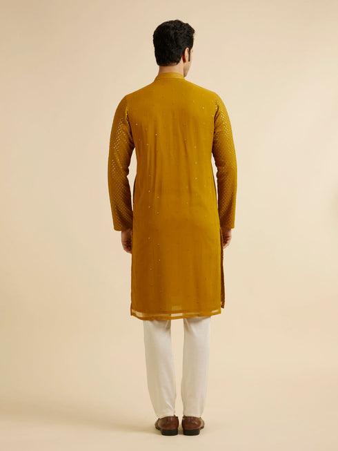 Manyavar Mustard Self Patterned Mirror Work Kurta Set