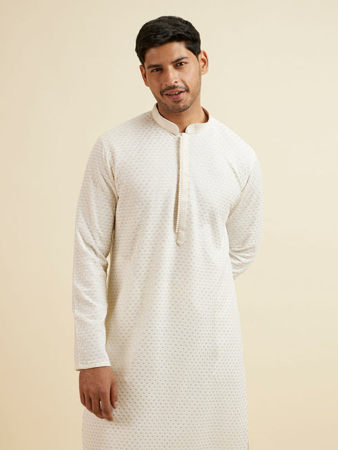 Manyavar Warm White Self Patterned Mirror Work Kurta Set