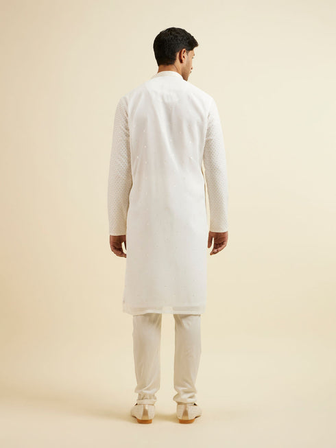 Manyavar Warm White Self Patterned Mirror Work Kurta Set