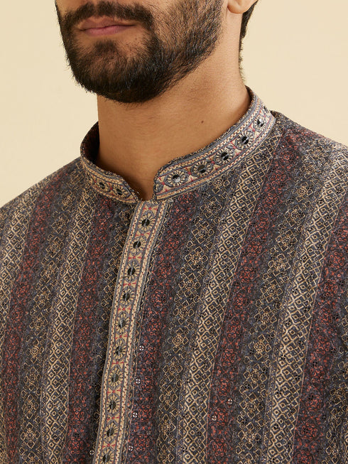 Manyavar Davy Grey Linear Patterned Chikankari Print Kurta Set