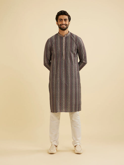 Manyavar Davy Grey Linear Patterned Chikankari Print Kurta Set