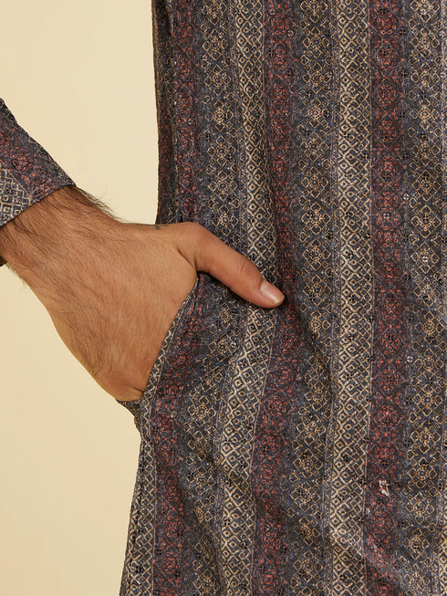 Manyavar Davy Grey Linear Patterned Chikankari Print Kurta Set