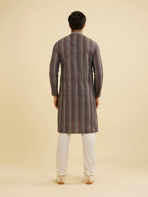 Manyavar Davy Grey Linear Patterned Chikankari Print Kurta Set