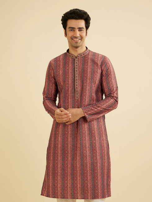 Manyavar Rust Red Linear Patterned Chikankari Print Kurta Set