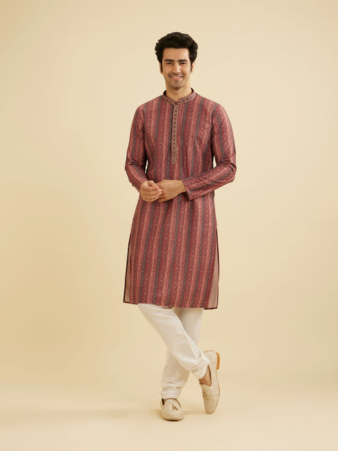 Manyavar Rust Red Linear Patterned Chikankari Print Kurta Set