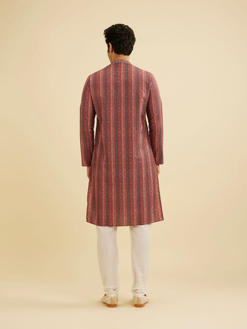 Manyavar Rust Red Linear Patterned Chikankari Print Kurta Set