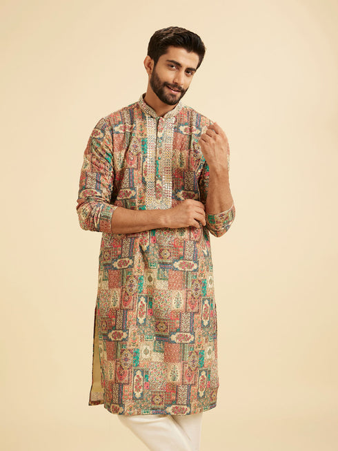 Manyavar Beige Festive Elegance Kurta Pajama