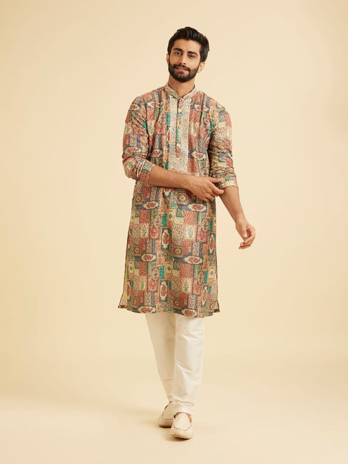 Manyavar Beige Festive Elegance Kurta Pajama