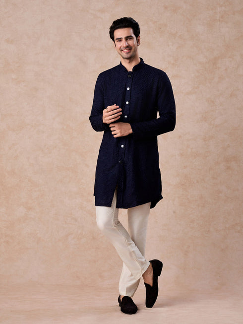 Manyavar Royal Dark Blue Georgette Kurta Trouser