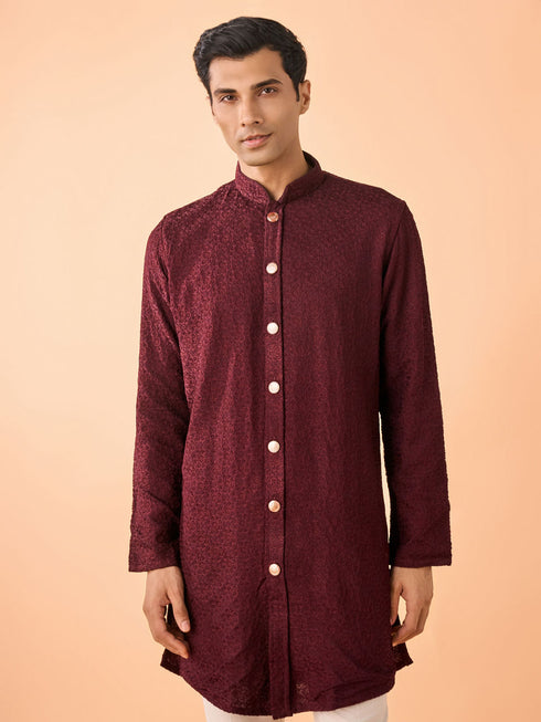 Manyavar Intricate Wine Kurta Pajama Set