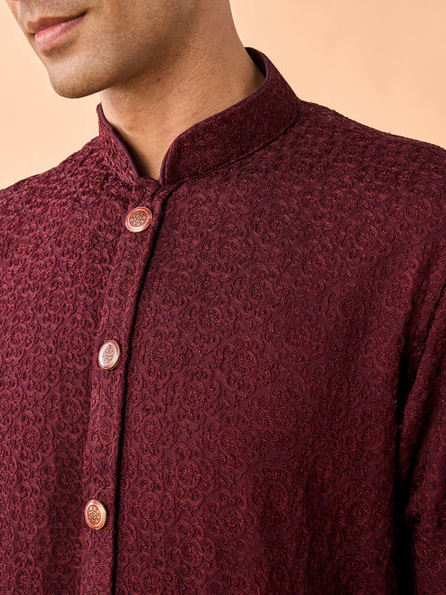 Manyavar Intricate Wine Kurta Pajama Set