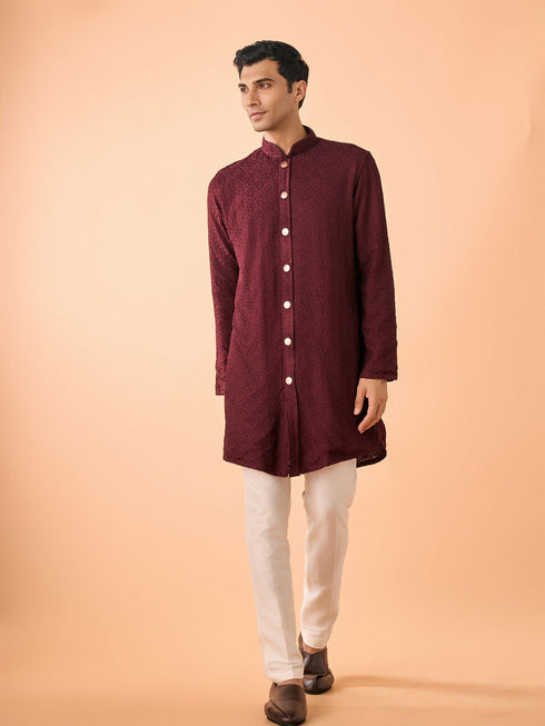 Manyavar Intricate Wine Kurta Pajama Set