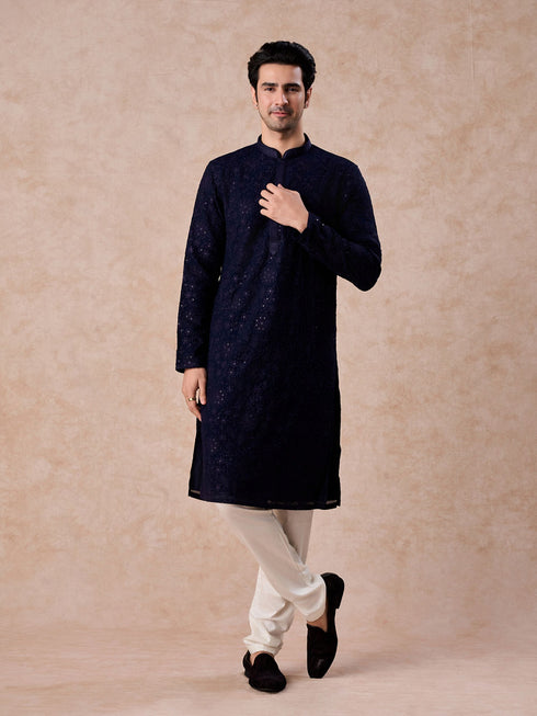 Manyavar Dark Blue Georgette Kurta Pajama