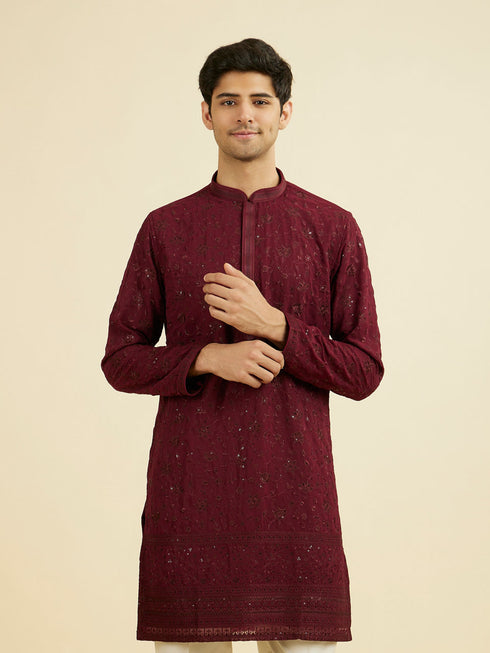 Manyavar Wine Georgette Ensemble Mid Length Kurta Pant
